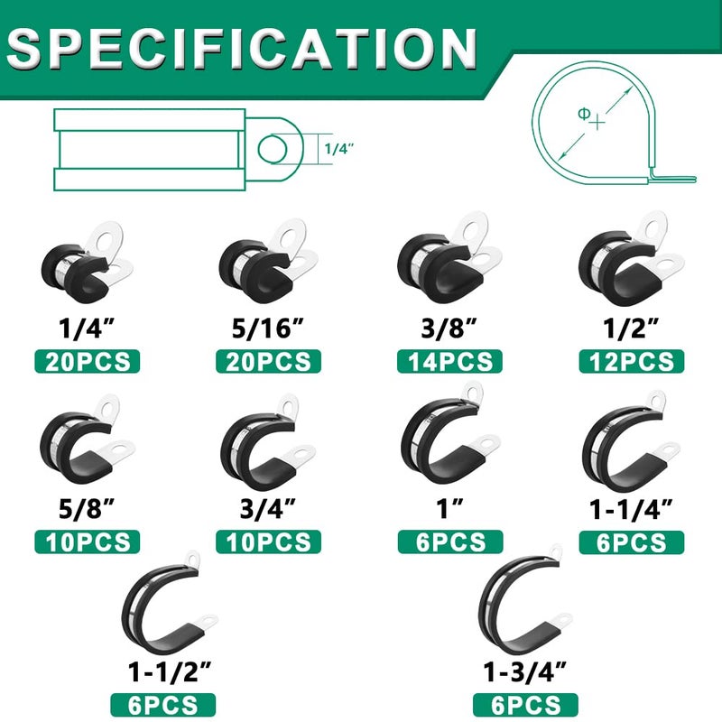 OURU 110PCS Cable Clamps Assortment Kit 10 Sizes-1/4"" 5/16"" 3/8"" 1/2"" 5/8"" 3/4"" 1"" 1-1/4"" 1-1/2"" 1-3/4"" Stainless Steel Rubber Coated Cushioned Insulated Cable Clamp Automotive Wire Pipe Clamps - Image 2